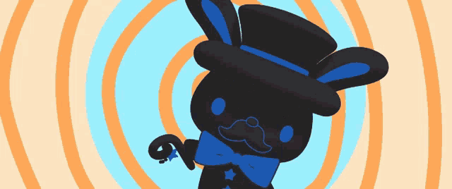 a black rabbit with a top hat and bow tie stands next to a white rabbit