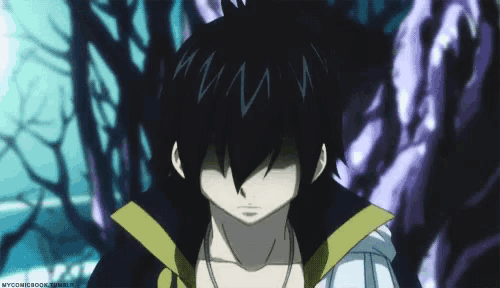 a black haired anime character with a yellow collar is standing in a forest .