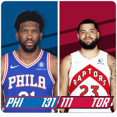 two basketball players from the philadelphia 76ers and the raptors are standing next to each other