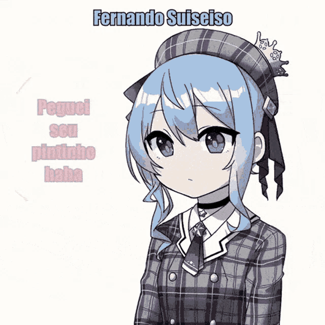 a cartoon of a girl with blue hair and the words " devolve meu pintinho toko " on the bottom