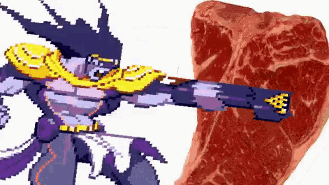 star platinum from jojo 's bizarre adventure is doing a dab next to a piece of meat .