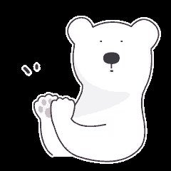 a polar bear is sitting down with its paws crossed and a sticker of a polar bear with a black nose .