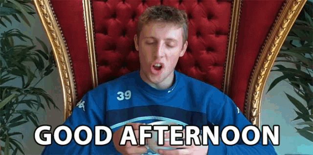 a man sitting in a chair with the words good afternoon on the bottom