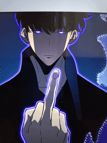 a drawing of a man with glowing blue eyes giving the middle finger
