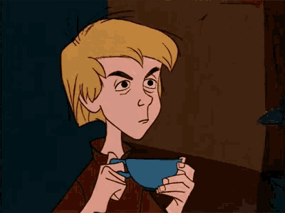 a cartoon character is holding a cup of coffee and looking surprised