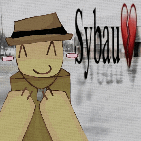 a drawing of a man wearing a hat and tie with sybau written on the background