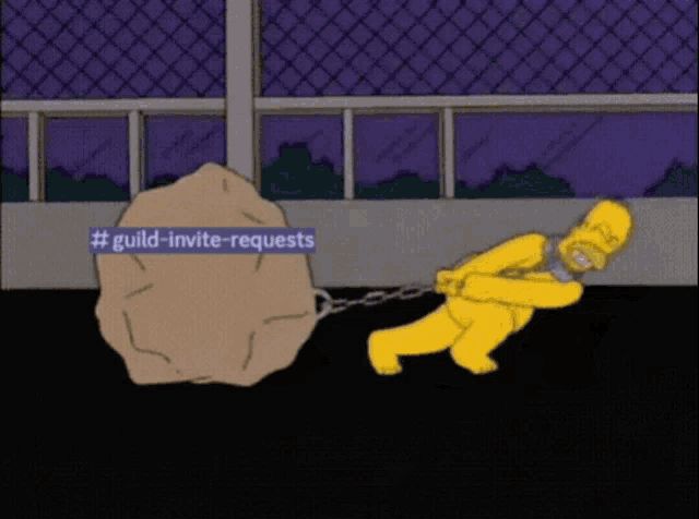 a cartoon of homer simpson pulling a large rock with #guild-invite-requests written on the bottom