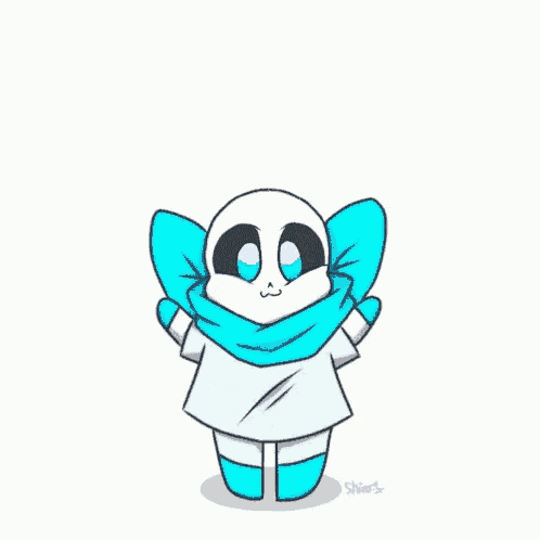 a drawing of a skeleton wearing a blue scarf and a white shirt with the words stay determined written on it