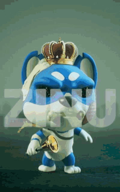 a blue and white animal with a crown on its head is holding a trumpet