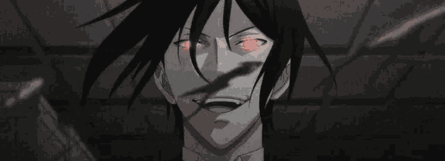 a black and white photo of a man with red eyes and blood on his face .