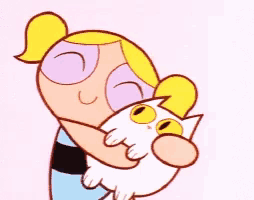bubbles from the powerpuff girls holds a white cat in her arms