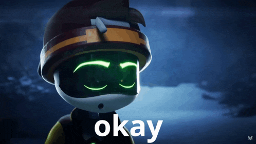 a cartoon character with green eyes and the word okay below it