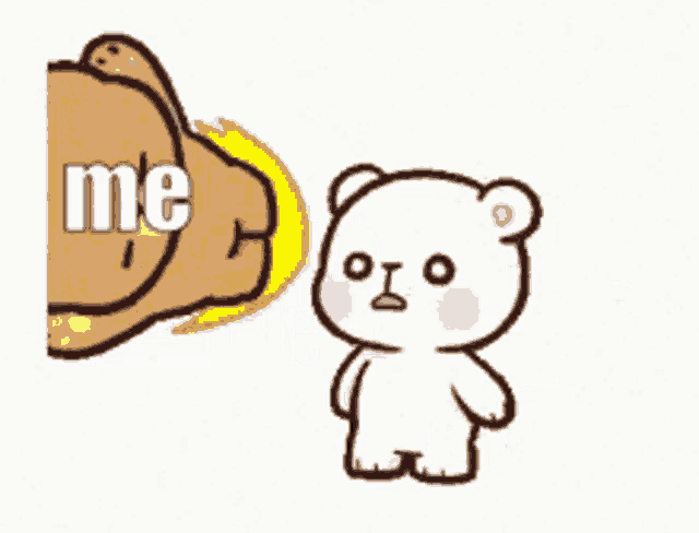 a cartoon bear is giving a fist bump to another bear with the word me on it .