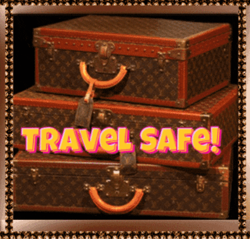 three suitcases are stacked on top of each other with the words travel safe written in pink