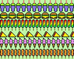 a pixel art display of ice cream hamburgers and pizza