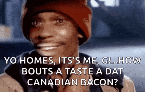 a man wearing a red hat is smiling and talking about canadian bacon .