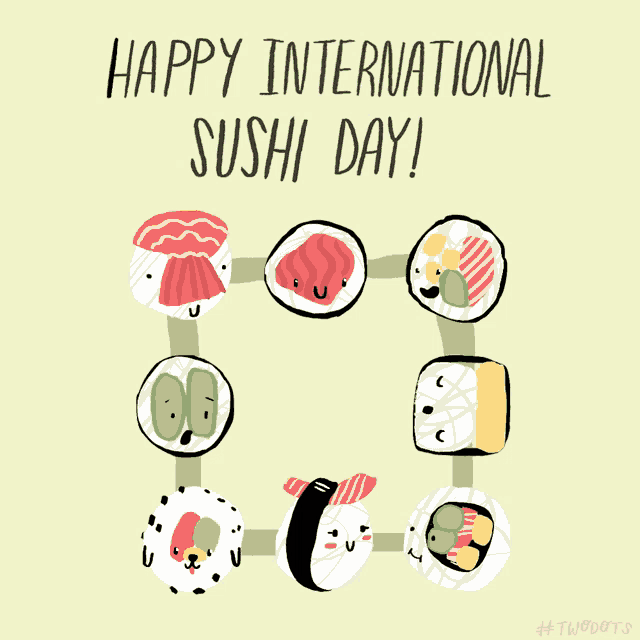 a happy international sushi day greeting card with cartoon sushi