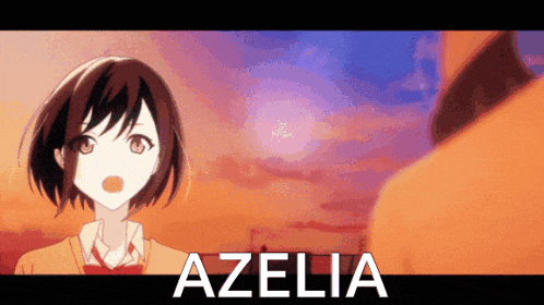 a girl in a school uniform is standing in front of a cloudy sky and the word azelia is on the bottom .