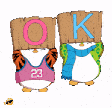 two penguins are holding a wooden sign that says ok