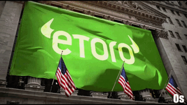 a large green banner with the word etoro written on it