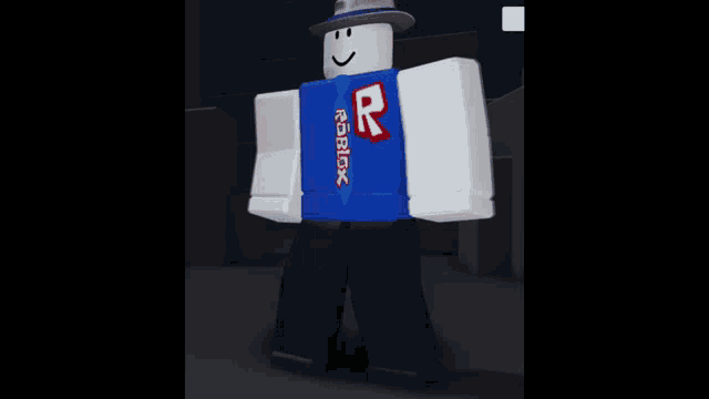 a roblox character is wearing a blue shirt with a red r on it