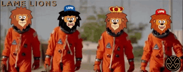 a group of lame lions are walking in a row