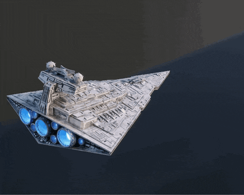 a model of a star destroyer with blue lights on the side