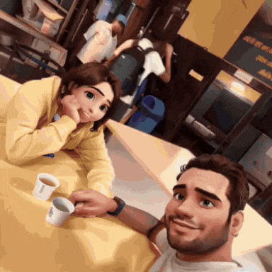 a man and a woman are sitting at a table with cups of coffee