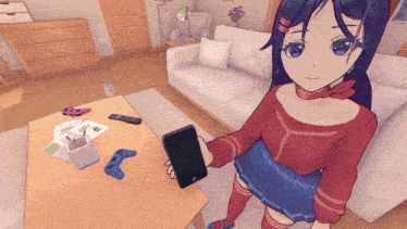 a girl is holding a cell phone in her hand in a living room