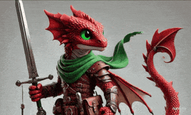 a red dragon is holding a sword and a green scarf
