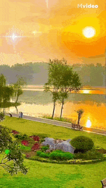a painting of a park with a lake in the background and the sun shining through the clouds