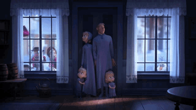 a family standing in front of a window with a snowman in the background