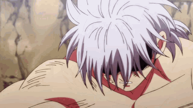 a drawing of a man with white hair and red spots on his chest