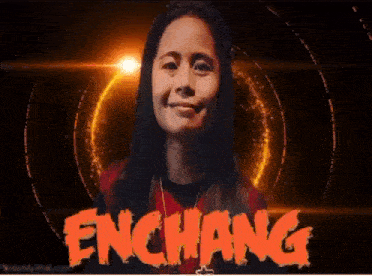 a woman is smiling in front of a dark background with the word enchang on it .