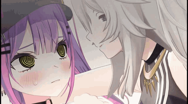 a girl with purple hair is looking at another girl with a hypnotic eye
