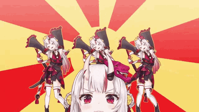 a group of anime characters are standing next to each other on a red and yellow striped background