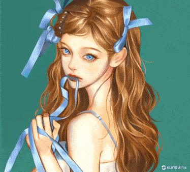 a painting of a girl with a blue ribbon in her hair