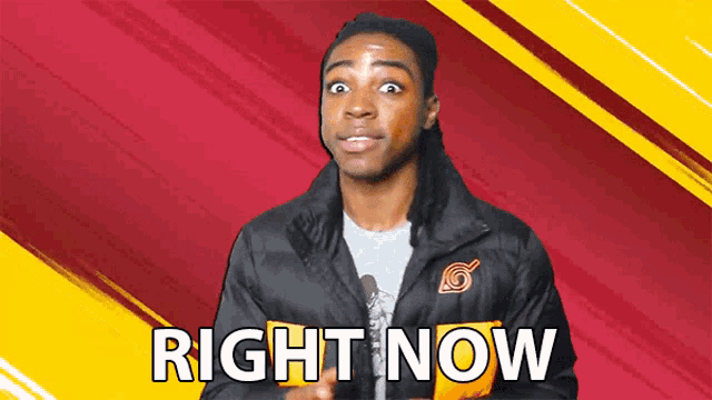 a man in a jacket says right now in front of a red and yellow background