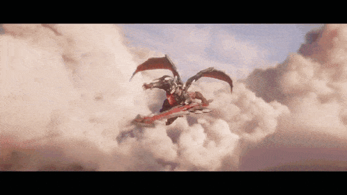 a dragon is flying through the clouds with its wings spread