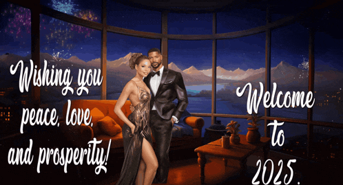a man and a woman are standing in front of a large window with the words wishing you peace love and prosperity