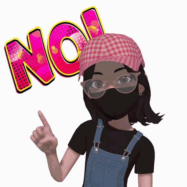a cartoon girl wearing a mask and overalls points up at the word no