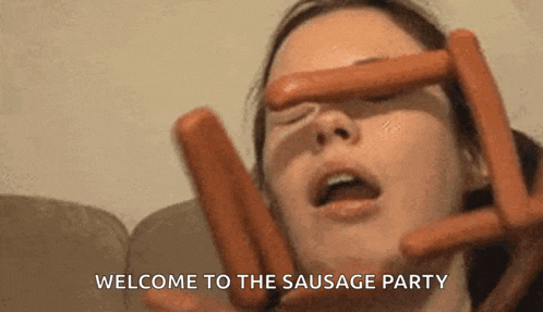 a woman is holding sausages in front of her face and the words welcome to the sausage party are visible