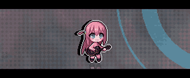 a pixel art drawing of a girl with pink hair holding a guitar