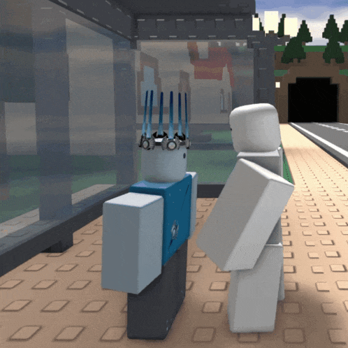 two roblox characters are standing next to each other on a tiled floor