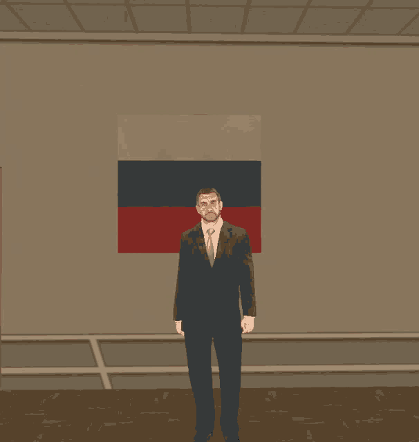 a man in a suit is standing in front of a russian flag