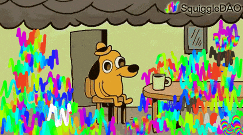 a cartoon dog is sitting at a table with a cup of coffee in front of a crowd of people .