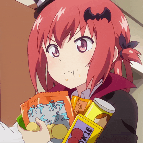 a girl with a bat on her head is holding a bag of chips