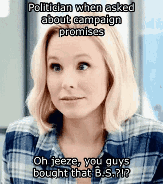 a woman in a plaid shirt is making a funny face when asked about campaign promises .