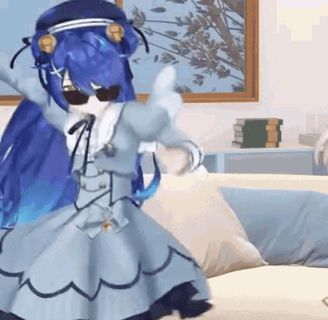 a blue haired anime girl is dancing in a living room