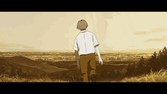 a man in a white shirt and brown pants is walking on a hill